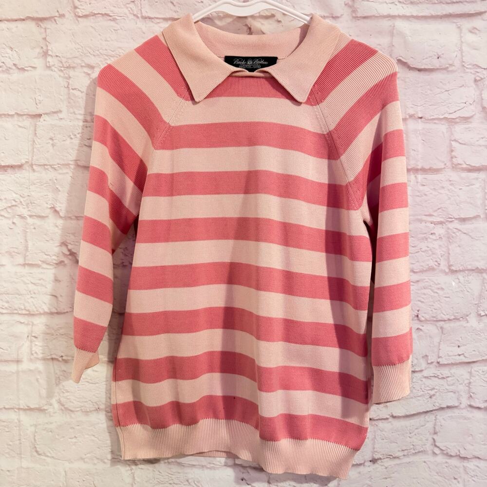 BROOKS BROTHERS SILK blend Sz M Pink Striped Collared short sleeve sweater shirt